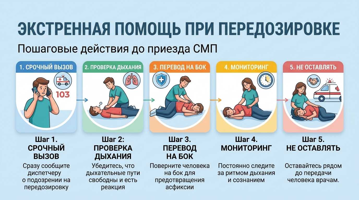 Иллюстрированная инфографика первой помощи при передозировке: 5 последовательных шагов от срочного вызова 103 до мониторинга